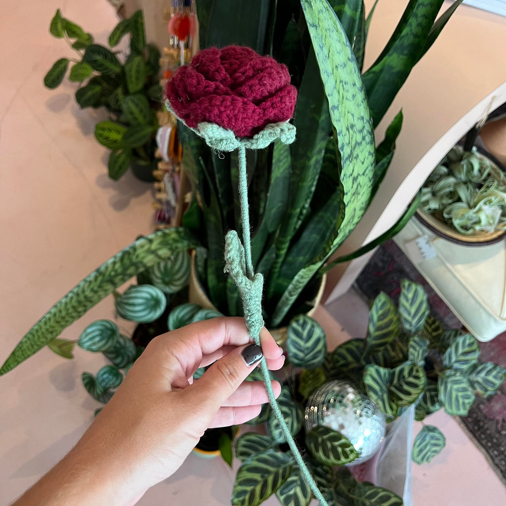 Crochet Deep Red Rose Faux Flower Stem