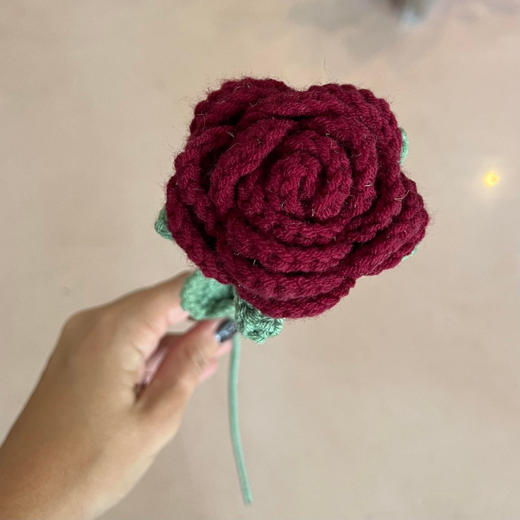 Crochet Deep Red Rose Faux Flower Stem
