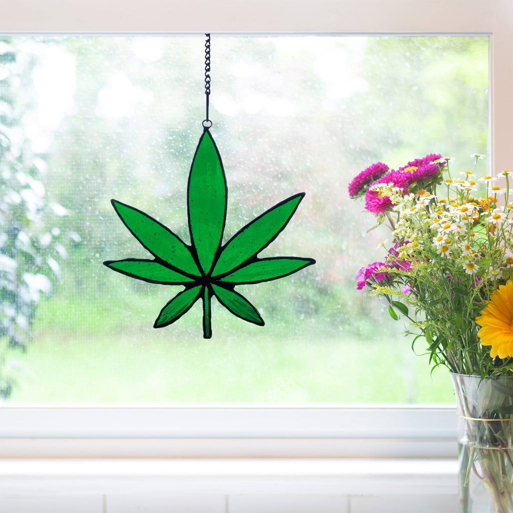 Green Leaf Stained Glass Window Panel