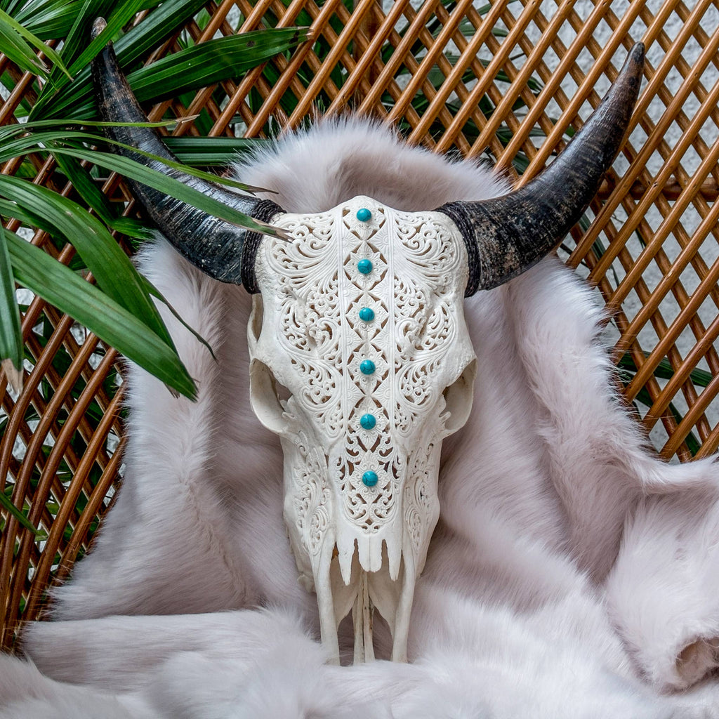 Hand Carved Cow Skull - XL Horns + Turquoise Small Flowers